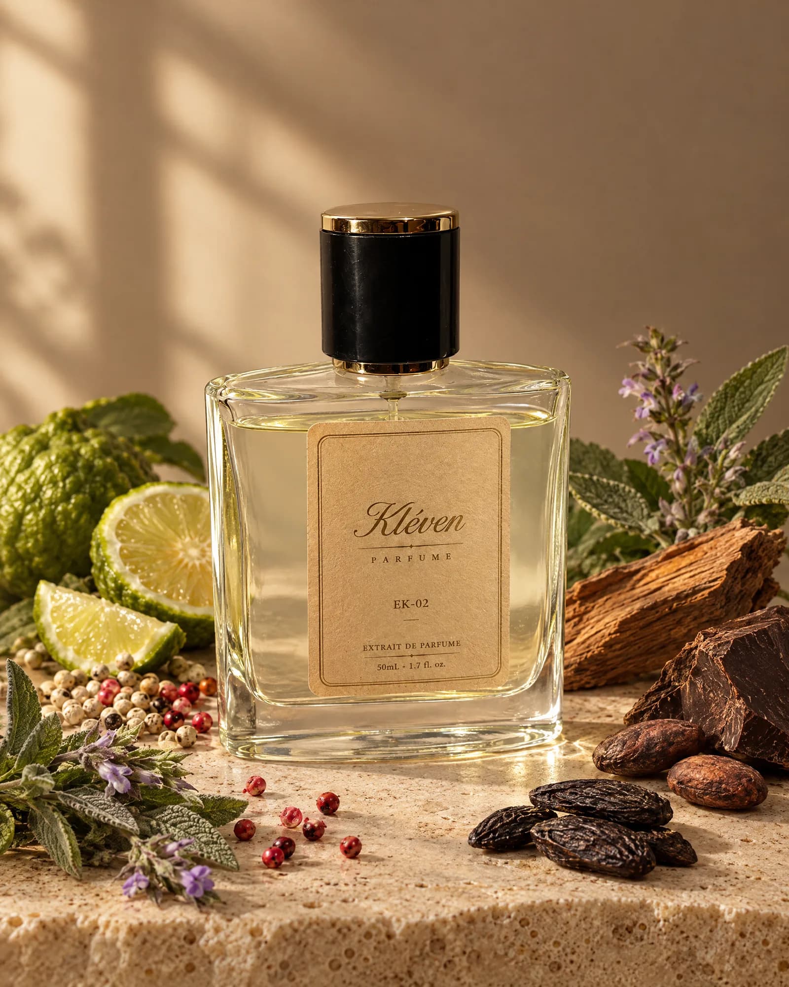 Kléven EK-02 extrait de parfum şişesi, odunsu ve baharatlı notaların arasında
