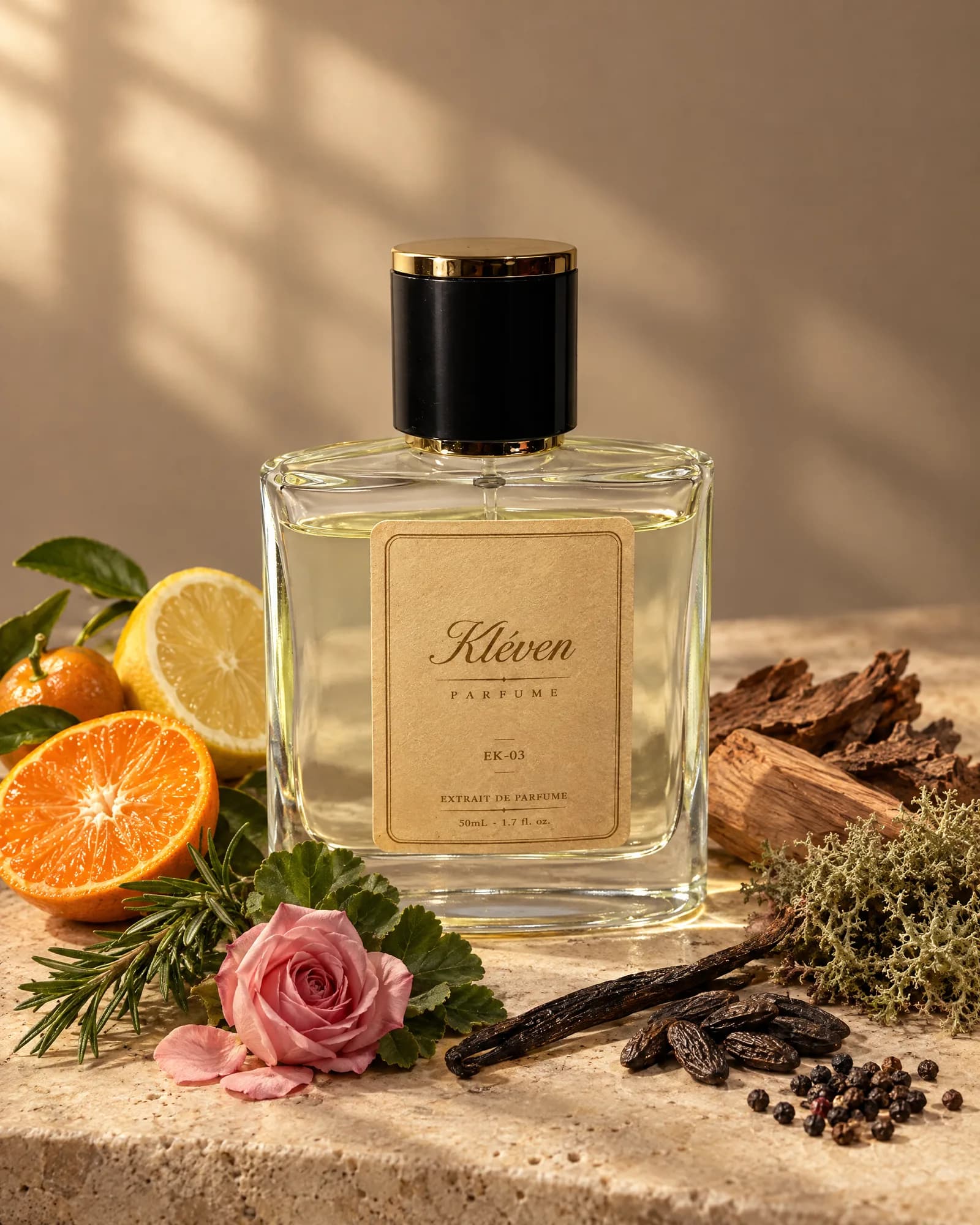 Kléven EK-03 extrait de parfum şişesi, odunsu ve baharatlı notaların arasında