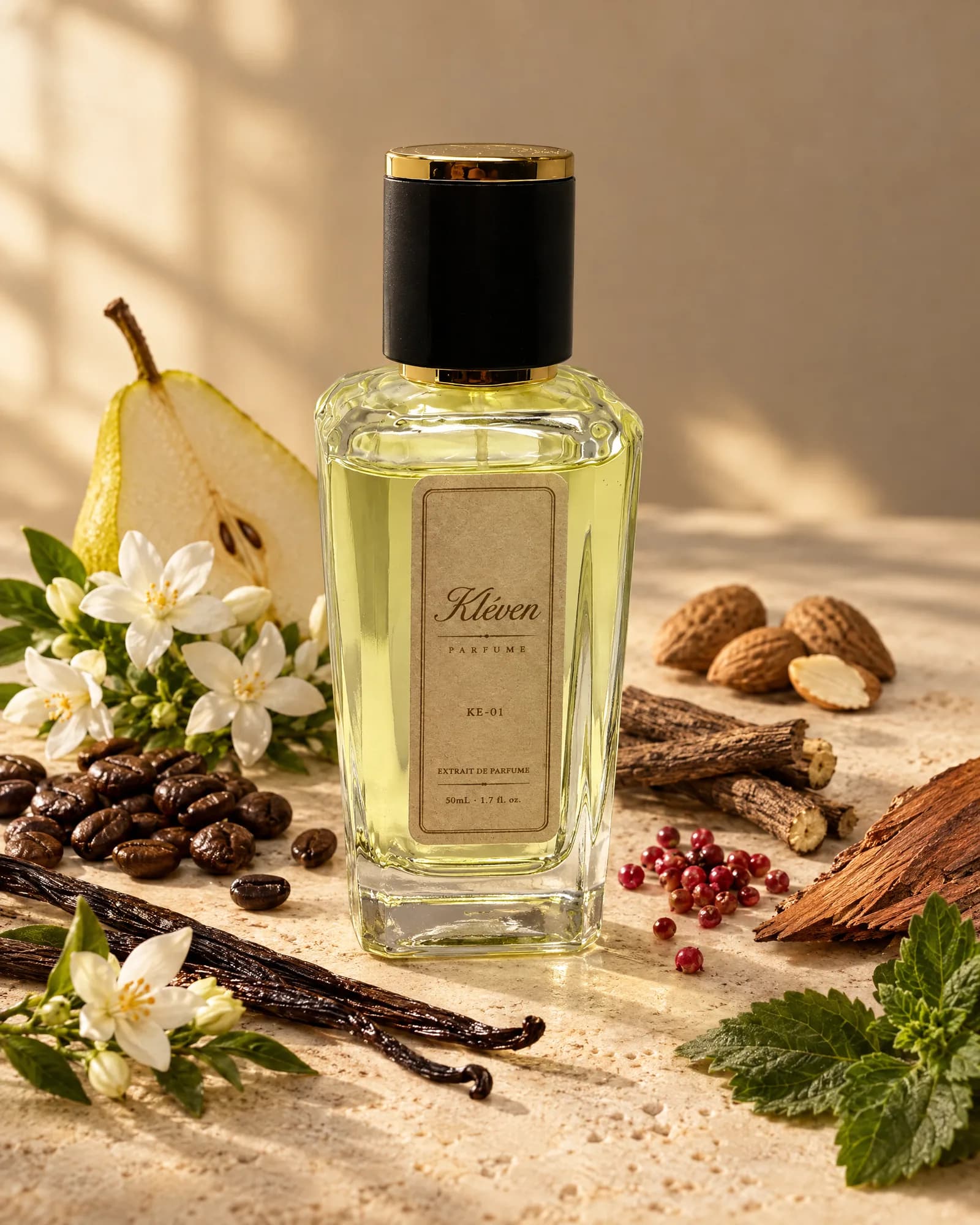 Kléven KE-01 extrait de parfum şişesi, oryantal ve gurme notaların arasında