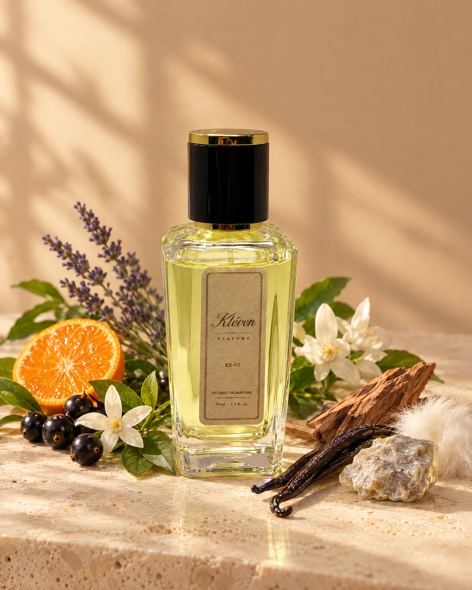 Kléven KE-02 extrait de parfum şişesi, çiçeksi ve aromatik notaların arasında