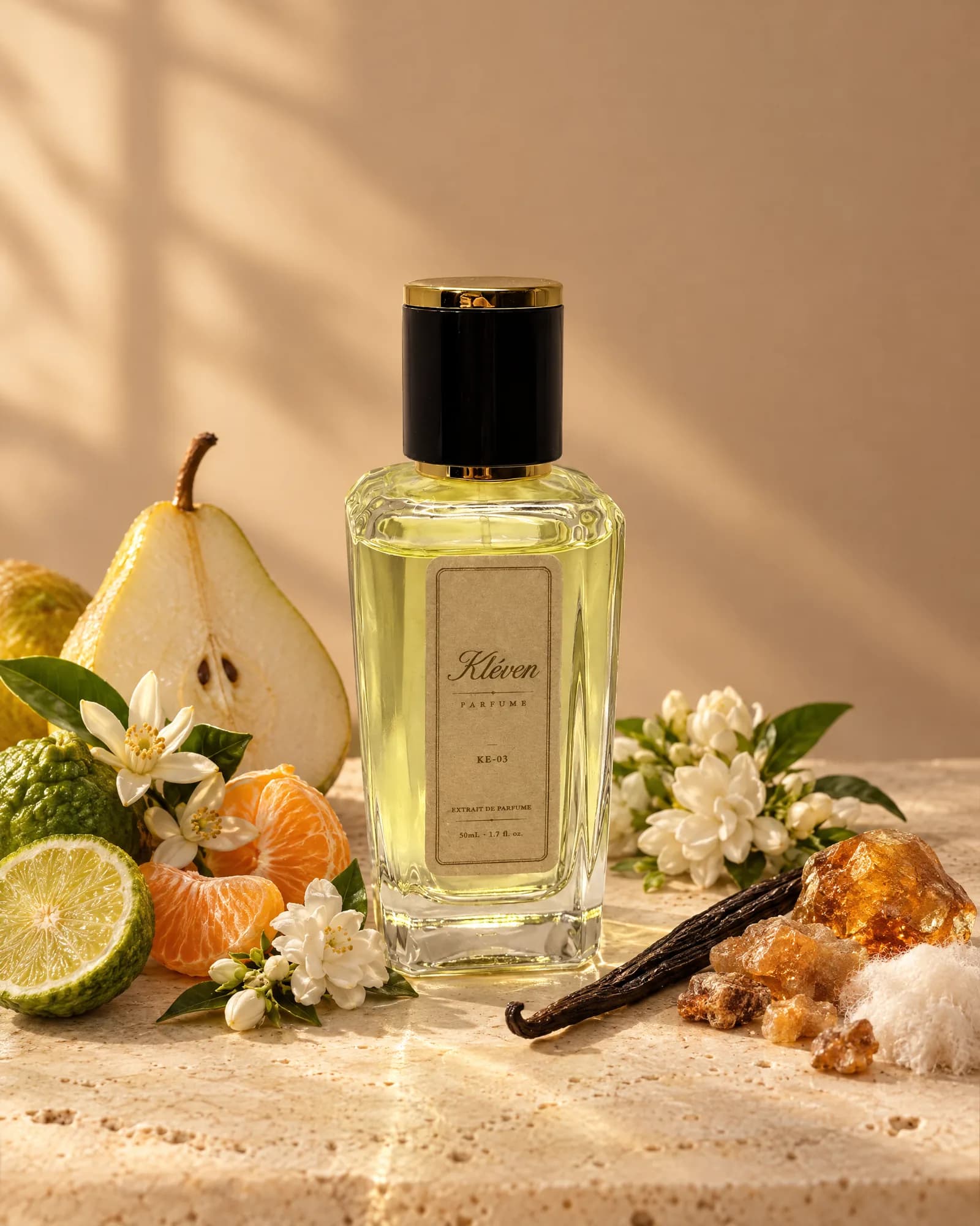 Kléven KE-03 extrait de parfum şişesi, çiçeksi ve amber notaların arasında