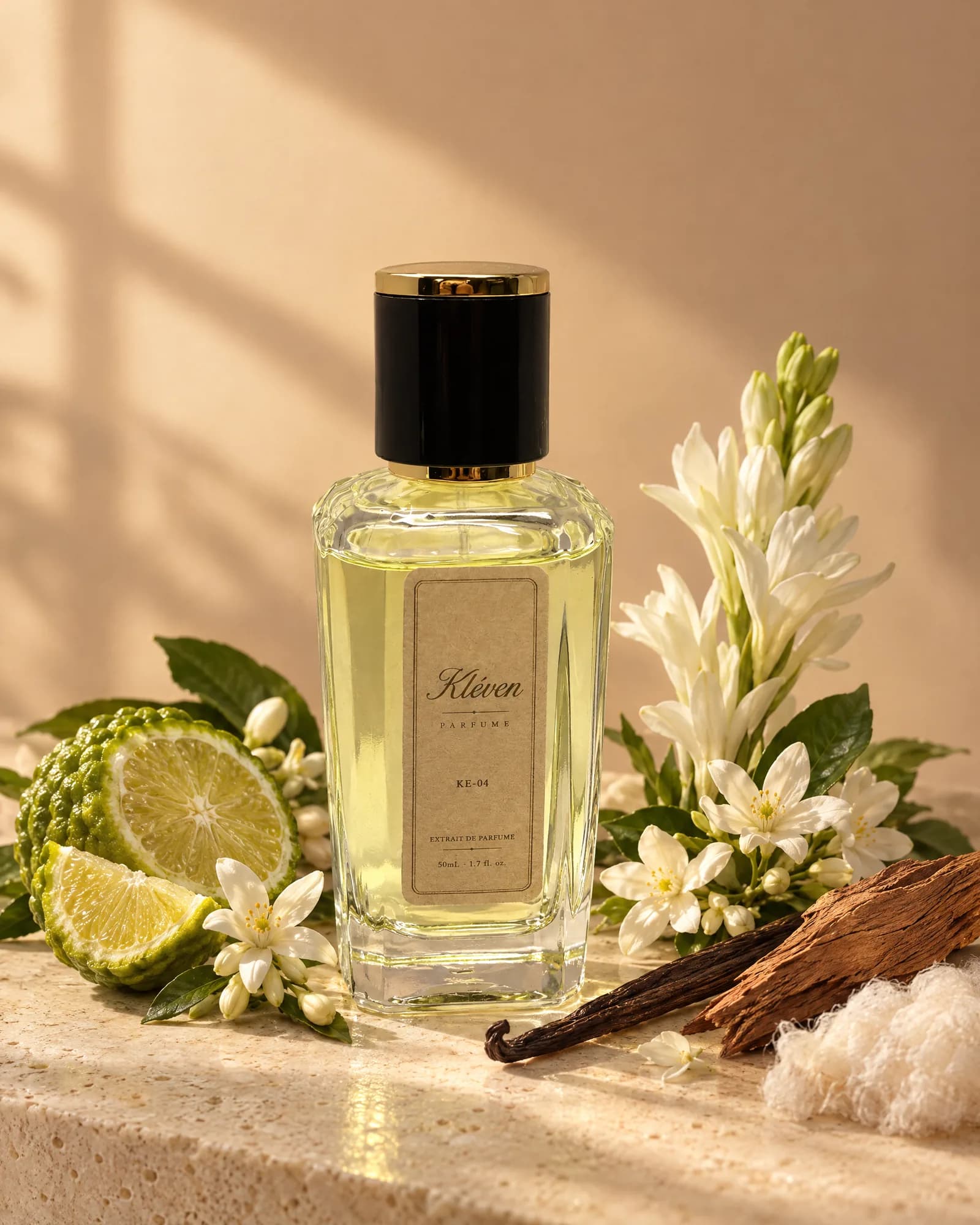 Kléven KE-04 extrait de parfum şişesi, çiçeksi notaların arasında