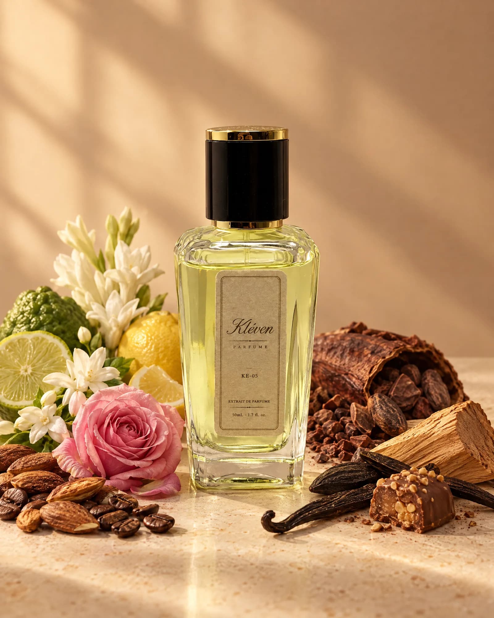 Kléven KE-05 extrait de parfum şişesi, oryantal ve çiçeksi notaların arasında